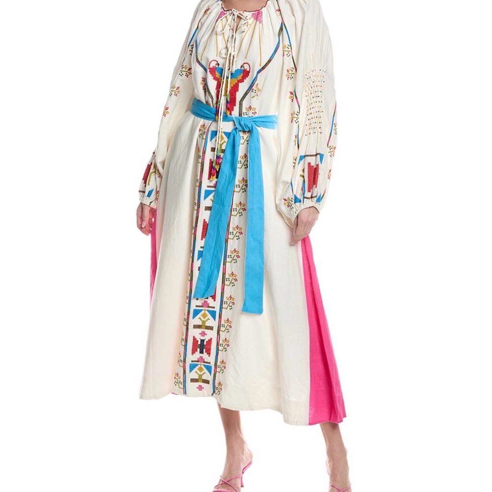 Farm Rio Embroidered White and Pink Macaw Maxi Dress